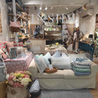Duck egg Marseille cushion styled, soft blue patterned furnishing for a living room sofa, chair or bed.