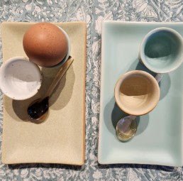 Ceramic egg cup, hand-finished tableware for serving boiled eggs at breakfast, reverse view