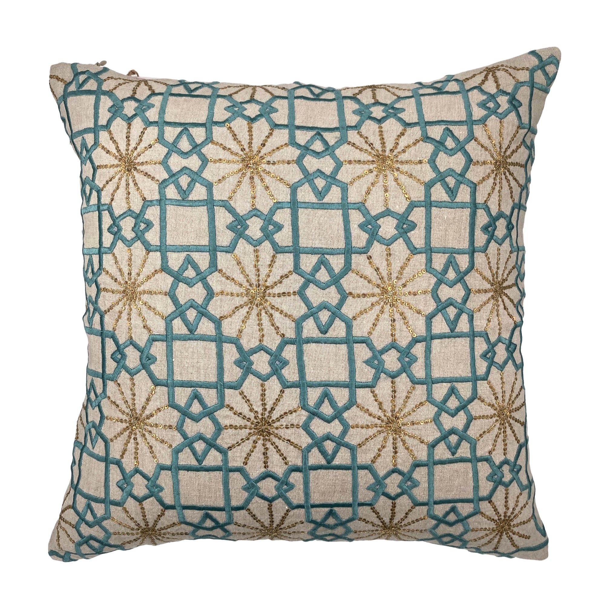 Suzani Linen Cushion Teal Silk Sitara, detail of the design at Inside Living Singapore.