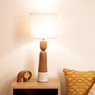 Famme table lamp in mango wood and marble with a shade, 23 cm wide and 44.5 cm tall, handcrafted