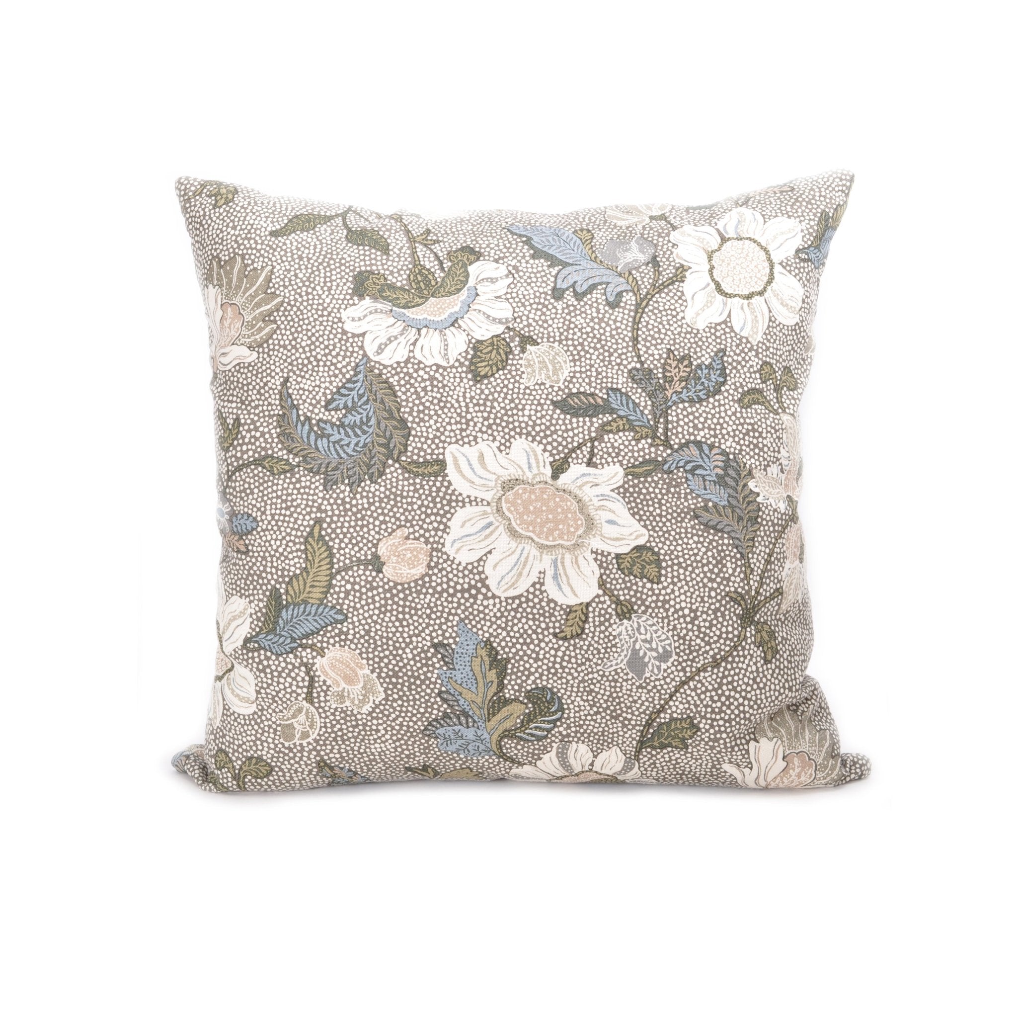 Flower linen cushion in khaki, 55 percent linen with a floral design, 50 x 50 cm with a concealed back zip