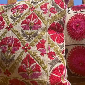 Suzani Linen Cushion Gulestaan, part of the Chair & Sofa Cushions collection at Inside Living Singapore, alternative angle.