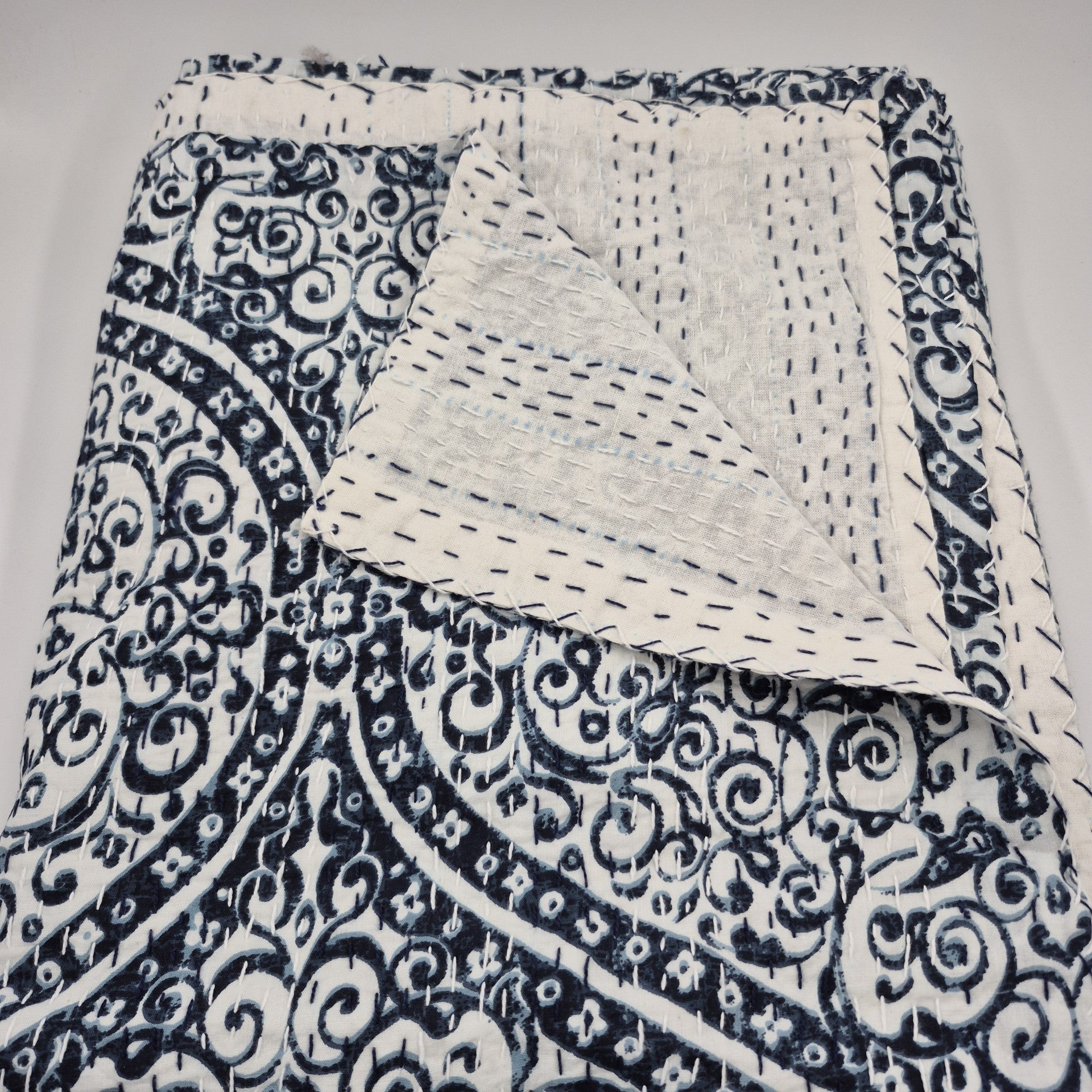 Indigo block print cotton kantha bedspread or throw, hand stitched, lightweight, 220 x 260 cm