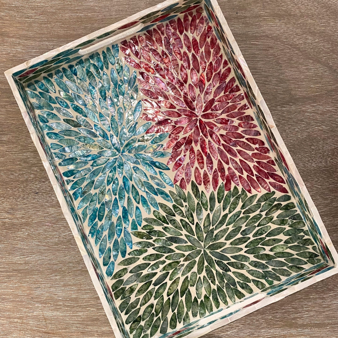 Mother of Pearl Tray from Inside Living Singapore. Shown styled in a home setting.