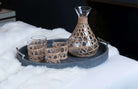 Oval serving tray in charcoal faux shagreen with stainless steel twig handles, for drinks, serving or display