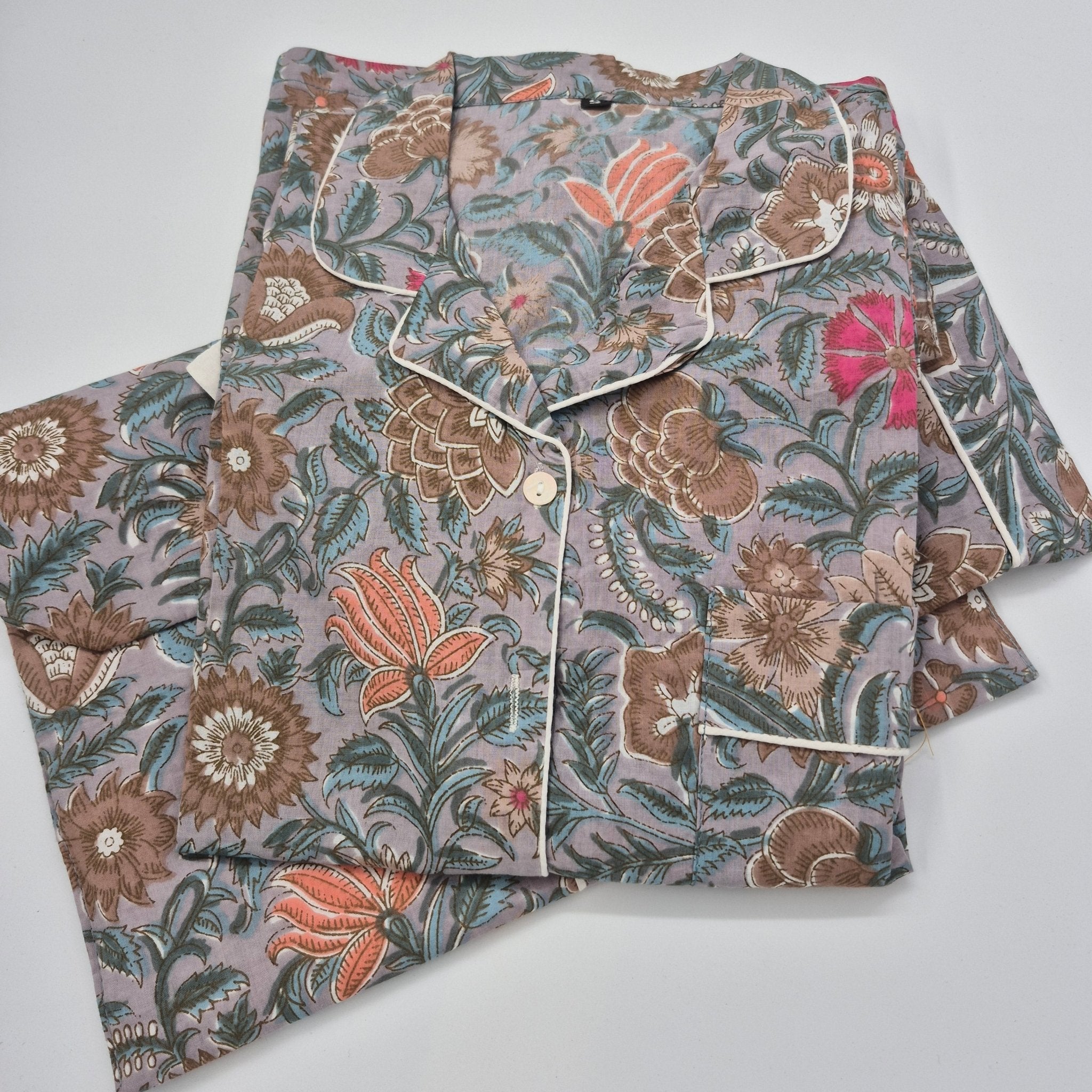 Block Print Pyjama Short Set Assorted, part of the Robes collection at Inside Living Singapore, detail of the design.