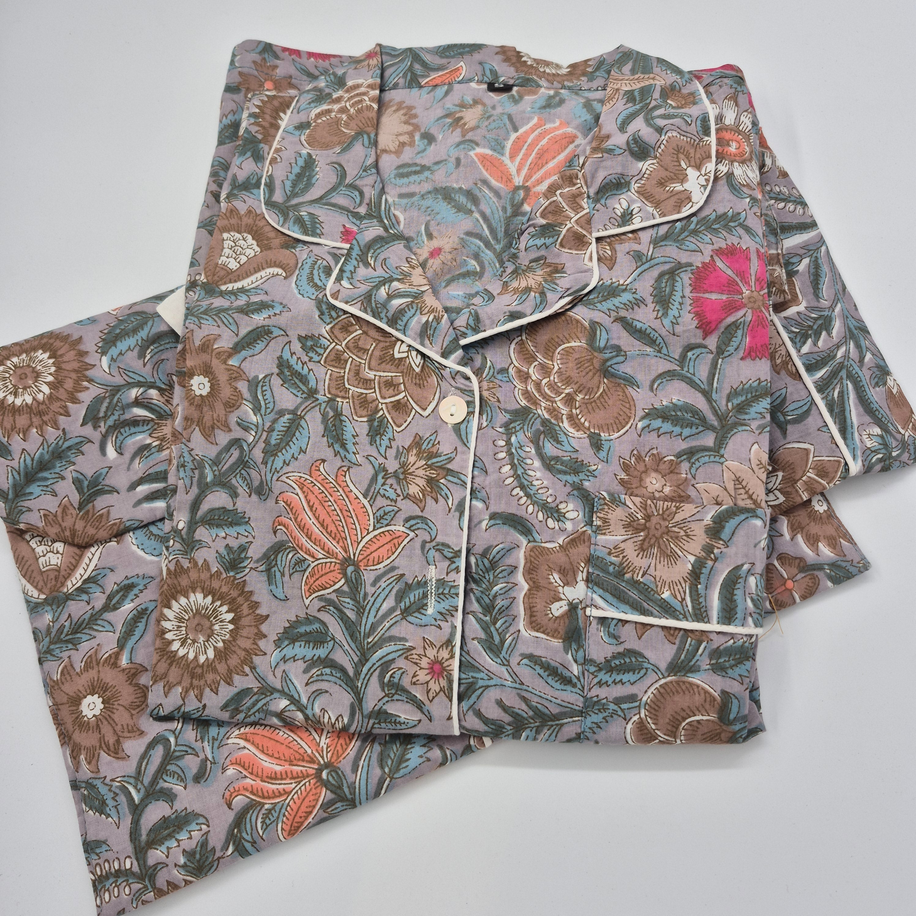 Block Print Pyjama Short Set Assorted, part of the Robes collection at Inside Living Singapore, detail of the design.