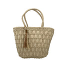 Handmade raphia beach bag in a check design with a drawstring lining and inner pocket, made in Vietnam
