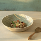Large Rayas bowl in mango wood with painted stripes and an enamel finish, 30 cm wide, for serving