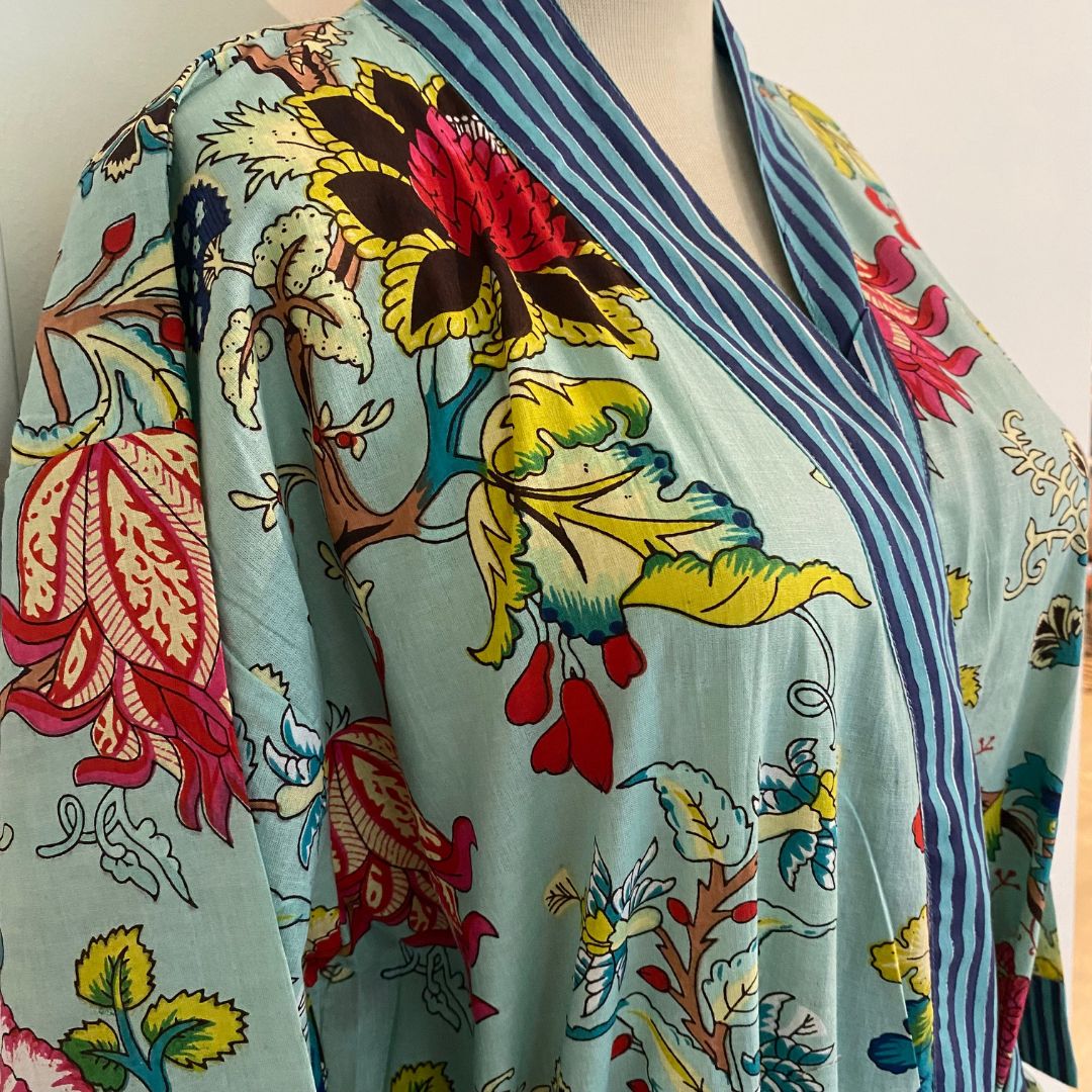 Robe Cotton Block Print Tropical Flower shown from another angle, bath & body at Inside Living Singapore.