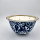 Blue and white scented candle with a phoenix design, organic soy wax with four wicks, neroli and bergamot scent