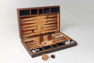 Backgammon board in seal brown faux shagreen and walnut, 54 x 34 cm, with inlaid playing surface and pieces