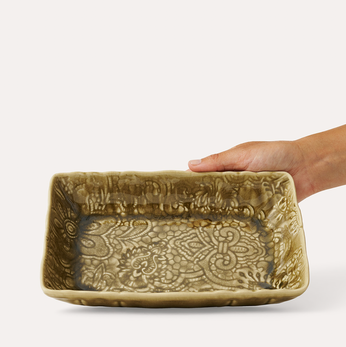Small ceramic gratin dish in sand, 35.5 x 23.5 cm, ovenproof and dishwasher safe, made in Portugal
