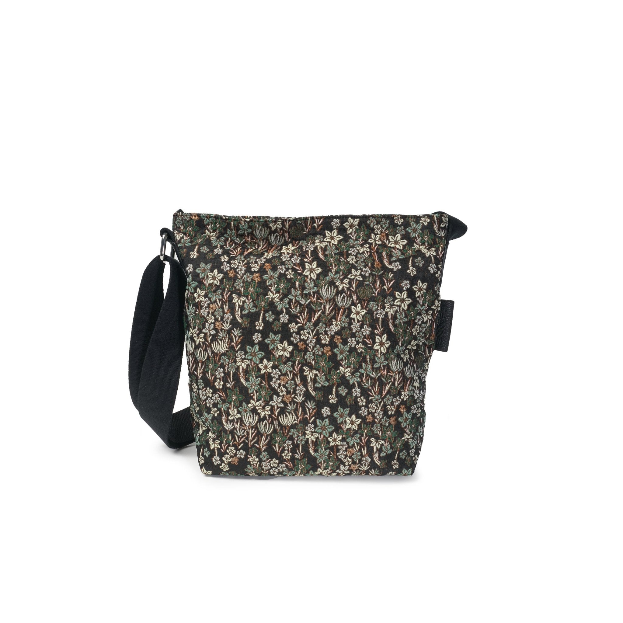 Small shoulder bag in green mixed-flower print, with adjustable strap and three compartments, 26 x 20 cm