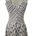 Block printed cotton sundress with elasticated V-neck bodice, adjustable straps and calf-length skirt, assorted prints