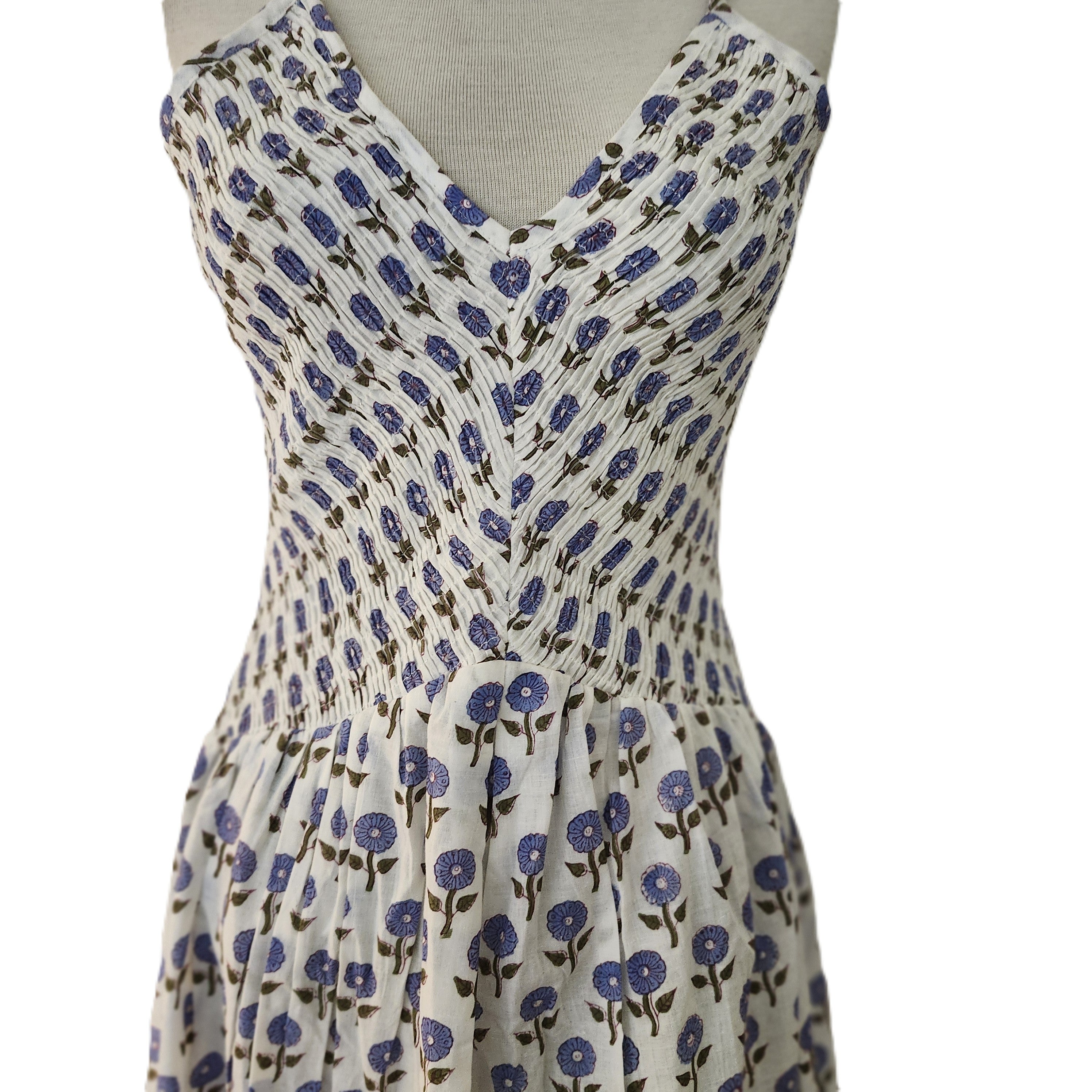 Block printed cotton sundress with elasticated V-neck bodice, adjustable straps and calf-length skirt, assorted prints