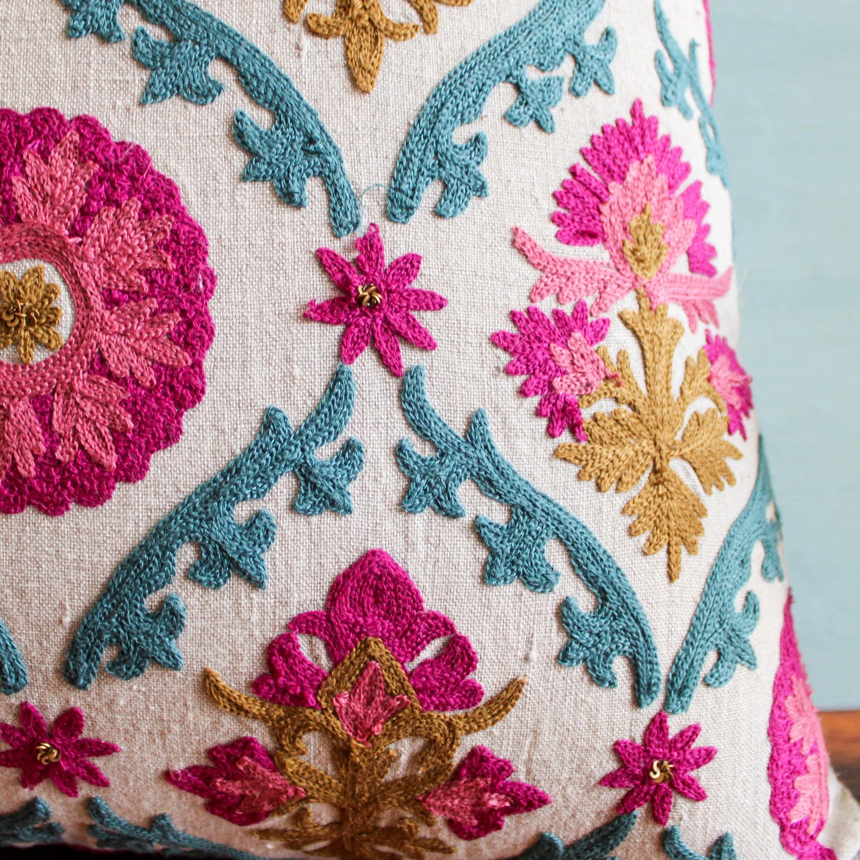 Suzani Linen Cushion Farkhand, detail view, from the Inside Living Singapore homeware collection.