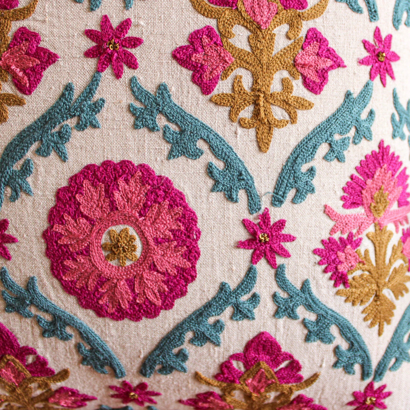 Suzani Linen Cushion Farkhand, styled in a room setting, from the Inside Living Singapore homeware collection.