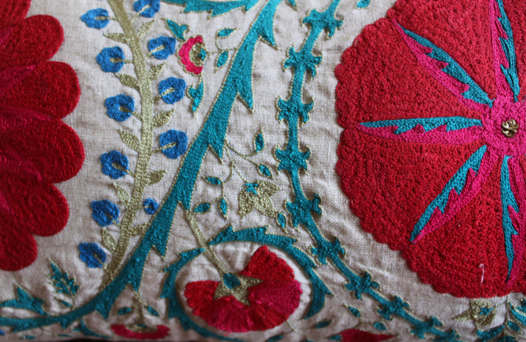Suzani Linen Cushion Fergana, displayed in a room setting at Inside Living Singapore.