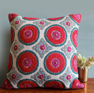 Suzani Kokand red linen cushion, 45 x 45 cm, with embroidered floral motif, from Inside Living Singapore Front view.