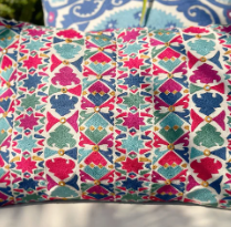 Hand-embroidered suzani cushion cover with multicoloured geometric design and mirror detail, 35 x 50 cm