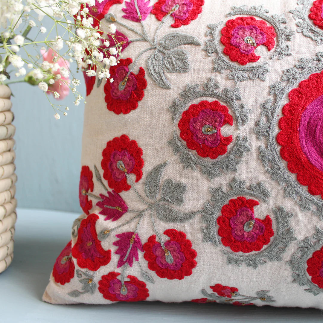 Suzani Linen Cushion Red Butah Rectangular, detail view, from the Inside Living Singapore homeware collection.