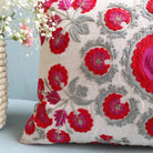 Suzani Linen Cushion Red Butah Rectangular, detail view, from the Inside Living Singapore homeware collection.