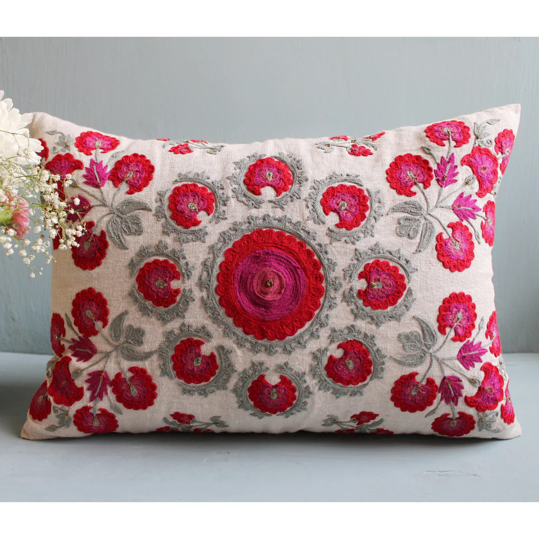 Embroidered linen cushion cover in red, pink and grey suzani design, 40 x 50 cm, filler not included