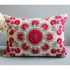 Embroidered linen cushion cover in red, pink and grey suzani design, 40 x 50 cm, filler not included