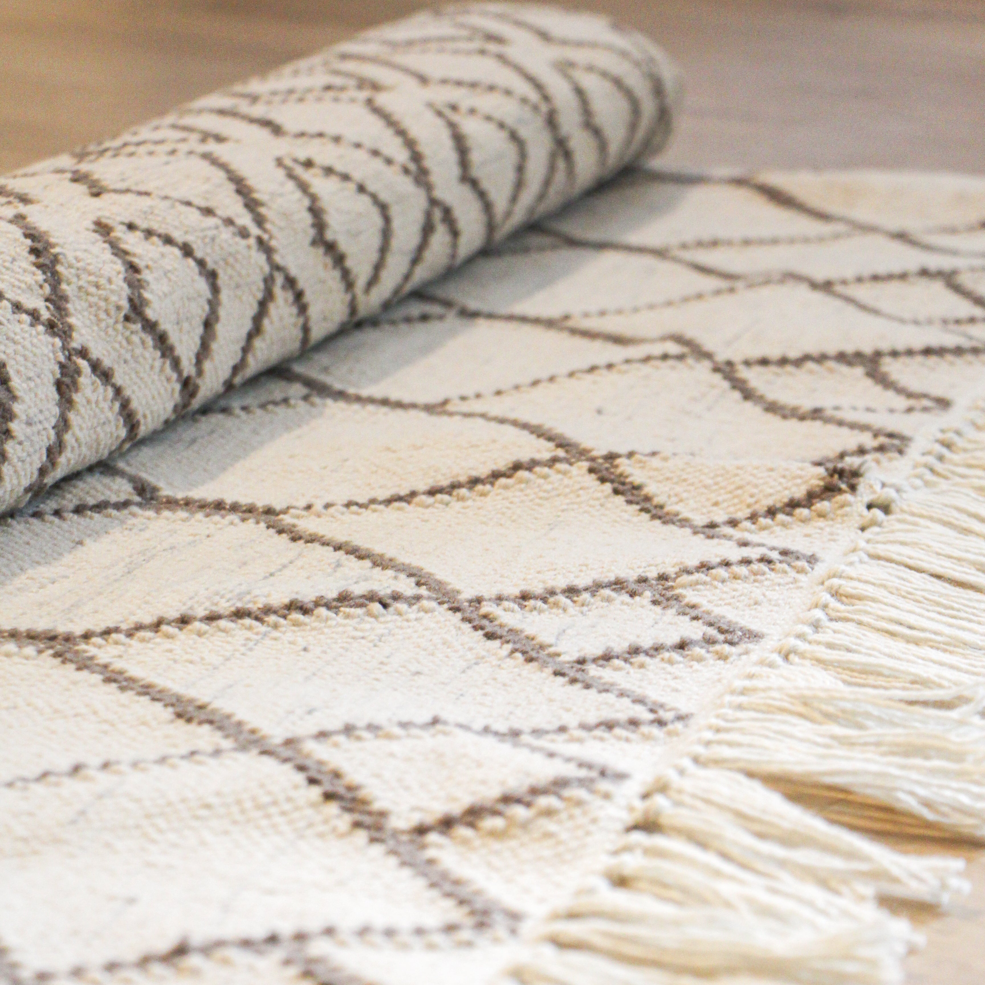 Tangier Medina rug detail, woven Moroccan-style rug pattern, durable floor covering for living or dining room.