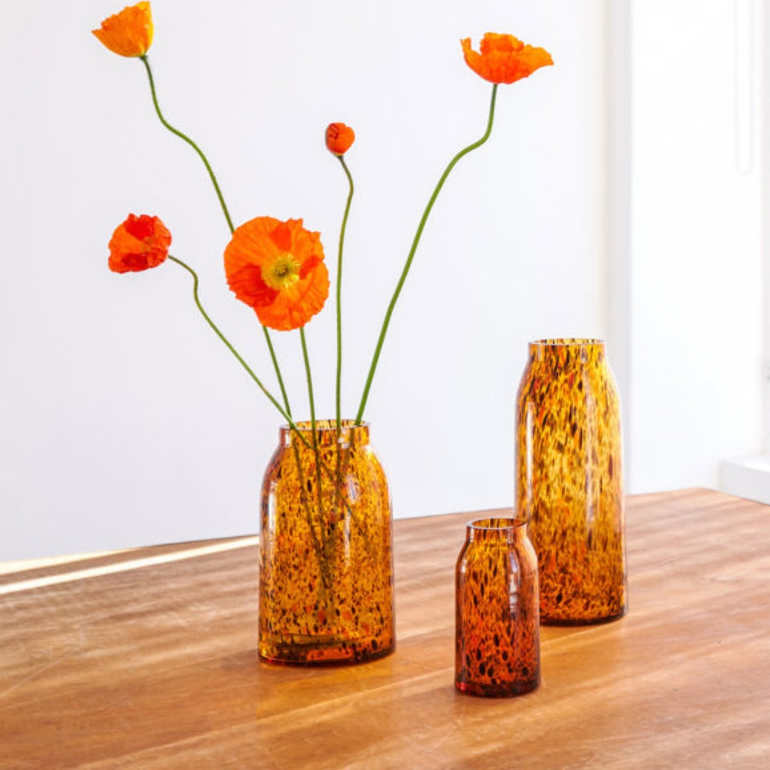 Hand-blown amber speckle glass Otto vase with a matte finish, each piece uniquely made in India