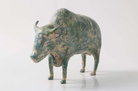 Hand-painted resin water buffalo sculpture with a verdigris patina, 20 x 5 x 14.5 cm