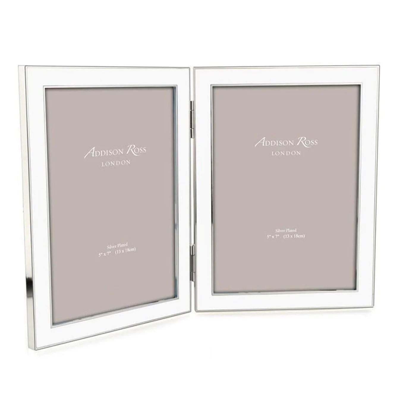 Double white enamel and silver-plate photo frame holding two 5 x 7 inch portrait photos