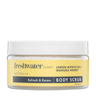 Lemon myrtle and pink manuka honey body scrub detail, natural exfoliating skincare for smooth, glowing skin.