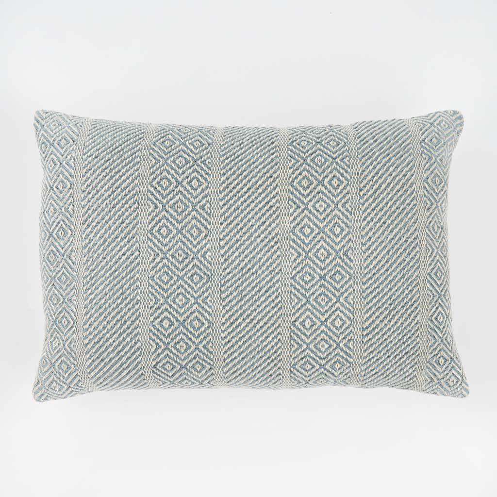 Duck egg Minerva cushion detail, patterned cushion in duck egg blue adding a calm accent to seating.