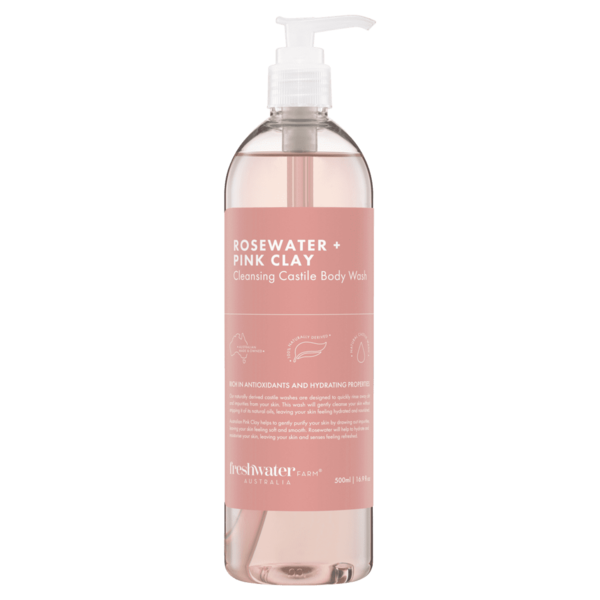 Rosewater and pink clay castile body wash, 500ml vegan cleanser to purify skin, made in Australia