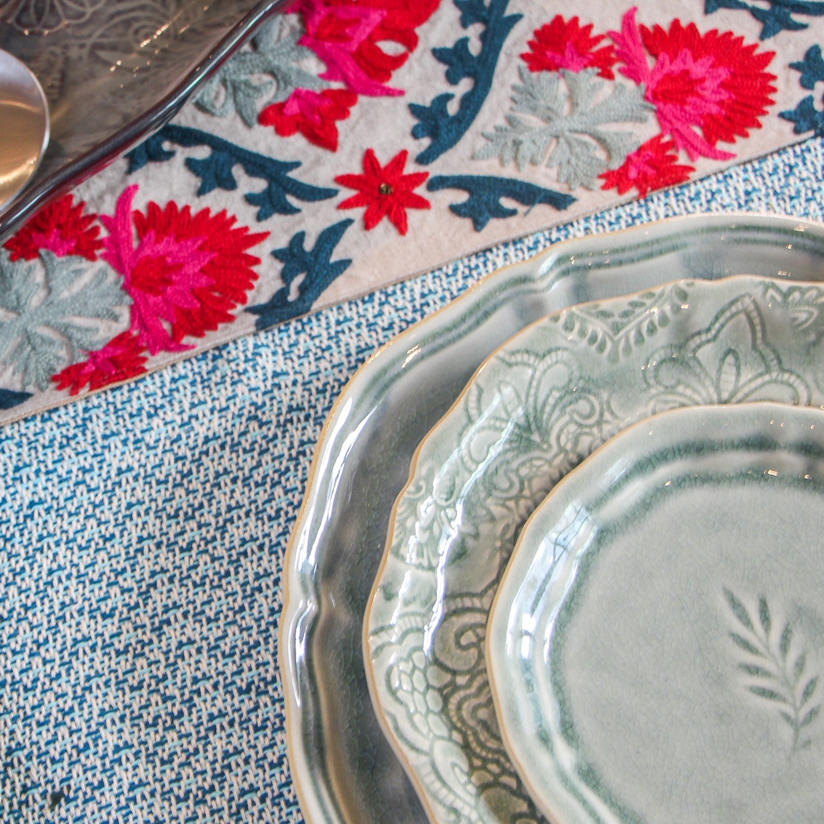 Suzani Niksaar Linen Runner, detail view, from the Inside Living Singapore homeware collection.