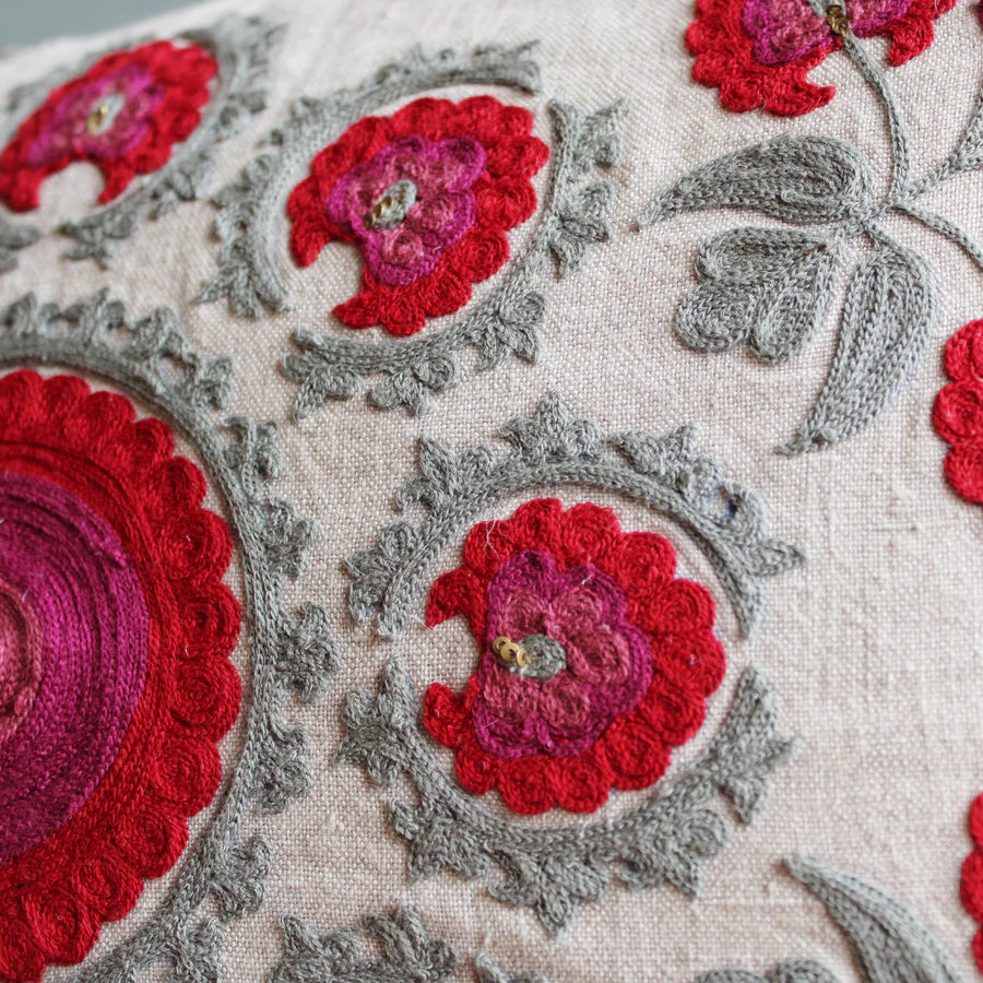 Suzani Linen Cushion Red Butah Rectangular, styled in a room setting, from the Inside Living Singapore homeware collection.