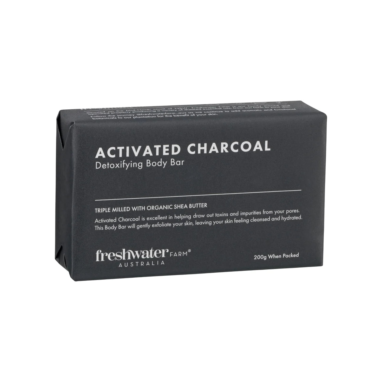 Activated charcoal body bar, 200g, natural cleansing soap, from Inside Living Singapore Front view.