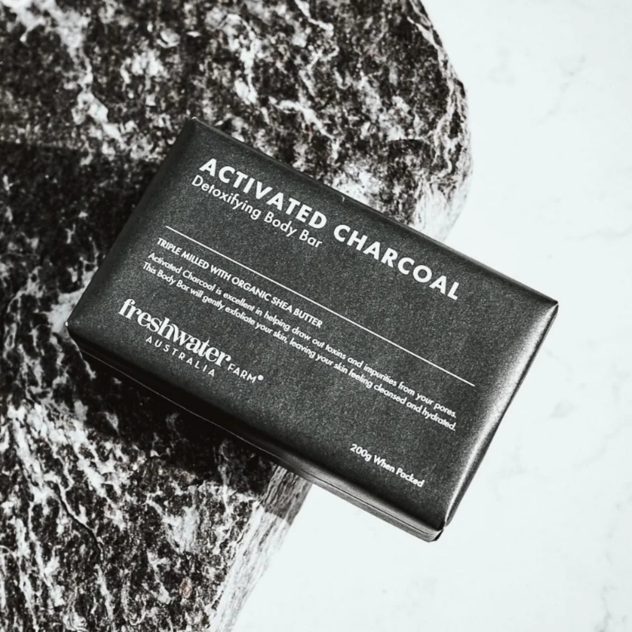 Activated charcoal body bar, 200g French triple-milled soap with tea tree and bergamot, gently detoxifying