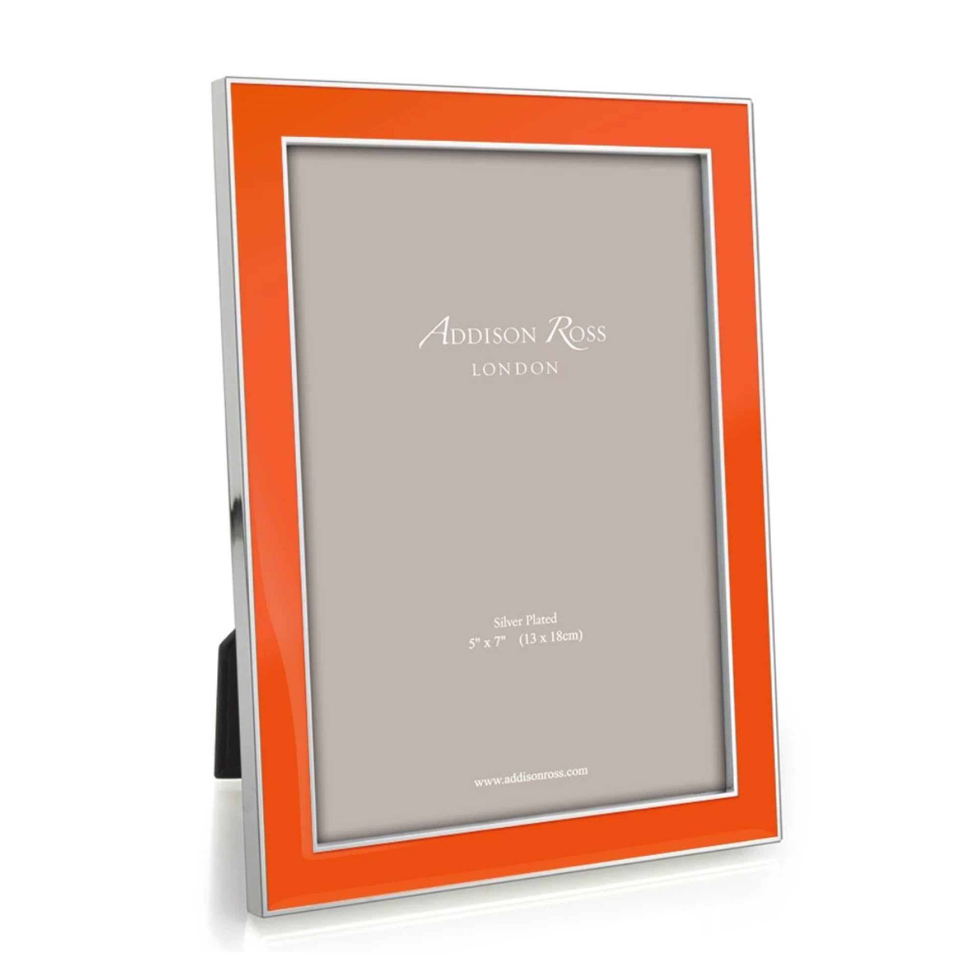 Orange enamel and silver-plate photo frame with grey velvet back, holds 4 x 6 or 5 x 7 inch photos
