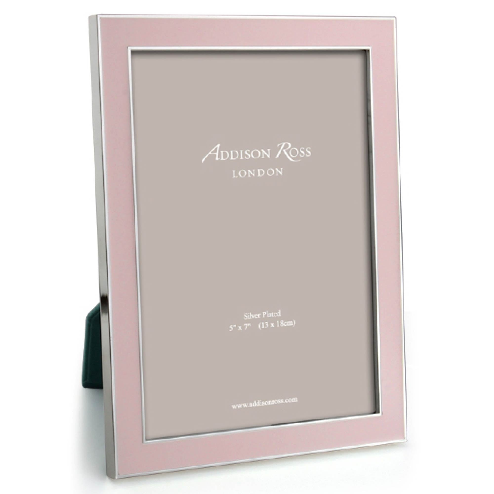 Light pink enamel and silver-plate photo frame with grey velvet back, holds 4 x 6 or 5 x 7 inch photos