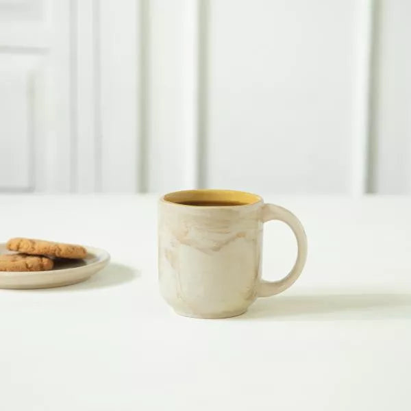 Amber Love ceramic mug, handmade glazed coffee and tea mug in warm amber tones for everyday kitchen use.