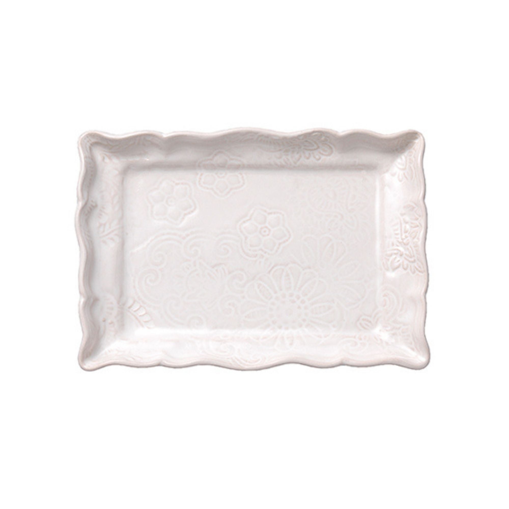 Small rectangular ceramic plate in white, 19.5 x 13.5 cm, made in Portugal for appetisers or dips