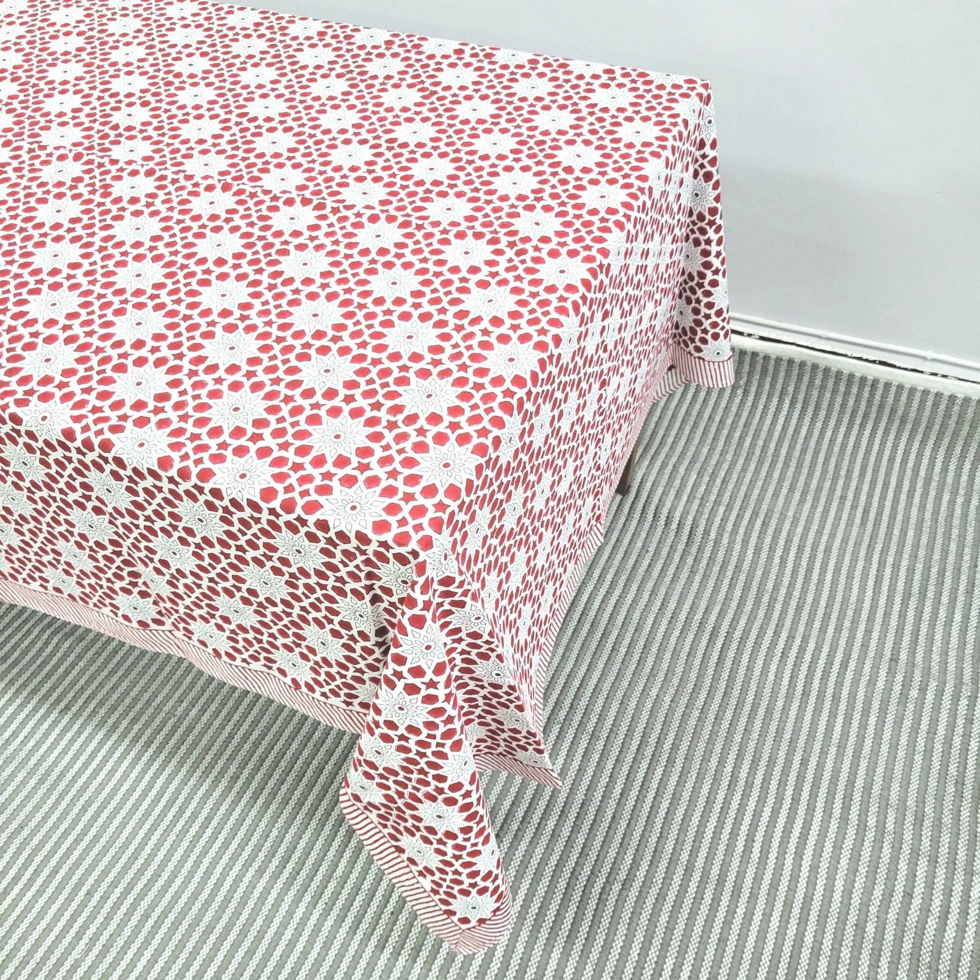 Block Print Tablecloth Red Star, tablecloths from Inside Living Singapore. Close-up of the finish.