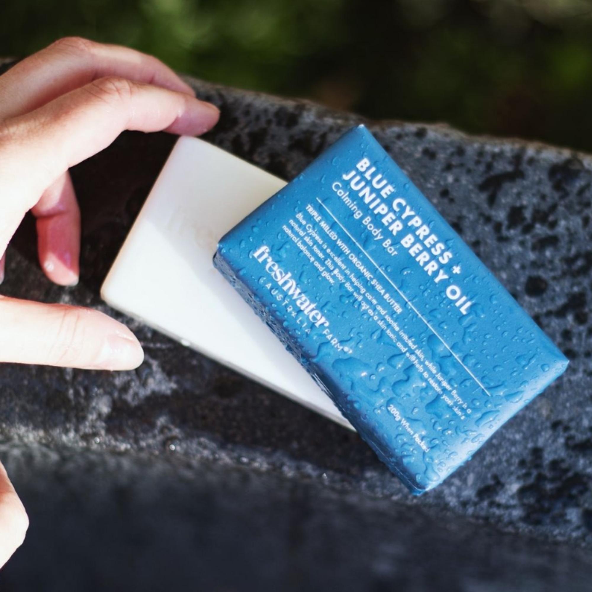 Blue cypress and juniper berry body bar, 200g French triple-milled soap with olive oil and shea butter