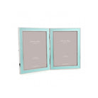 Blue enamel and silver double photo frame for two 5 x 7 inch photos, with grey velvet backing
