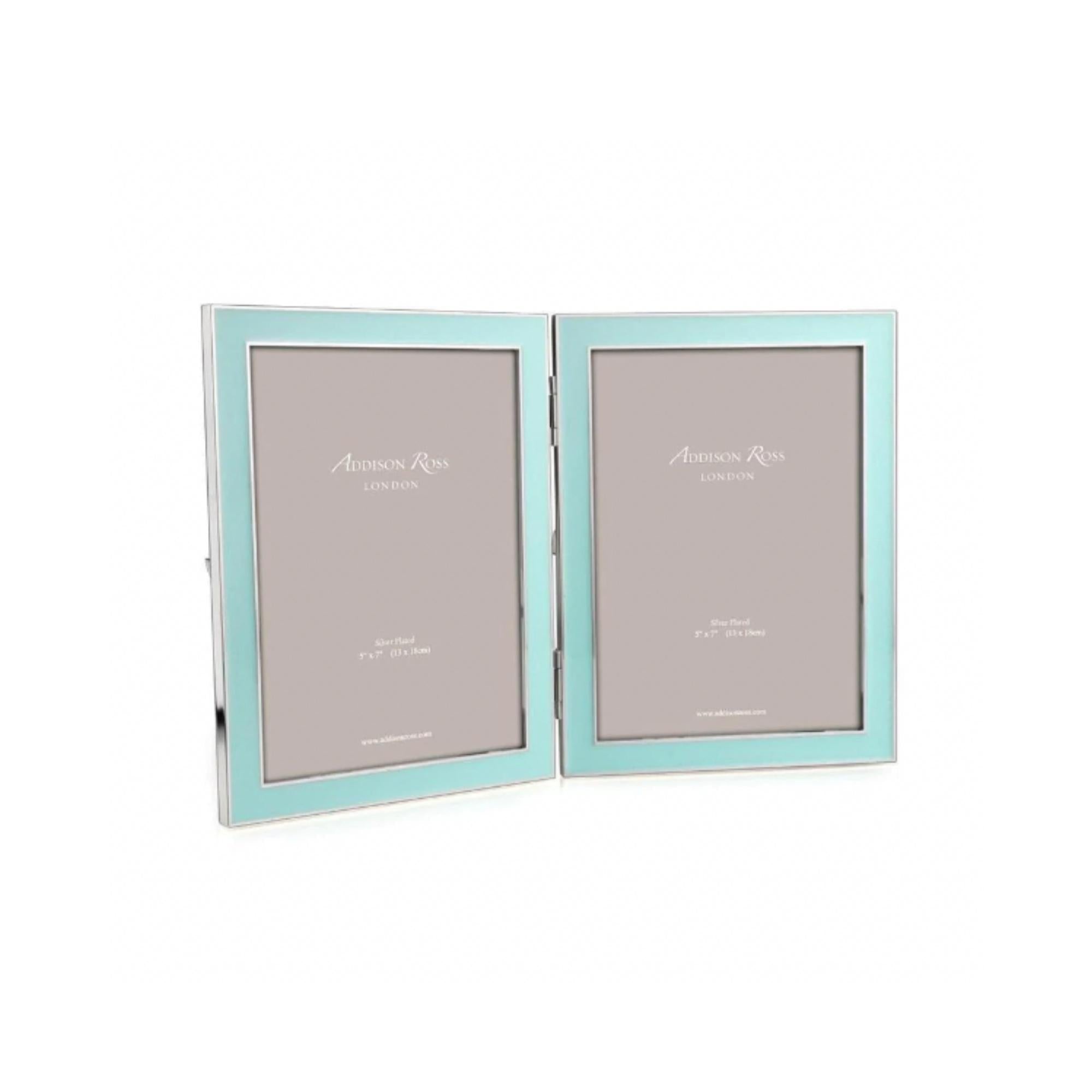 Blue enamel and silver double photo frame for two 5 x 7 inch photos, with grey velvet backing