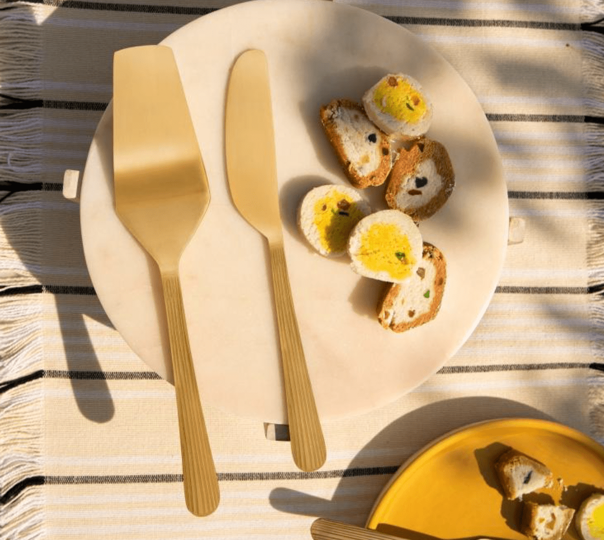 Handcrafted brass cake server and knife set of two with a gold matte finish, food safe