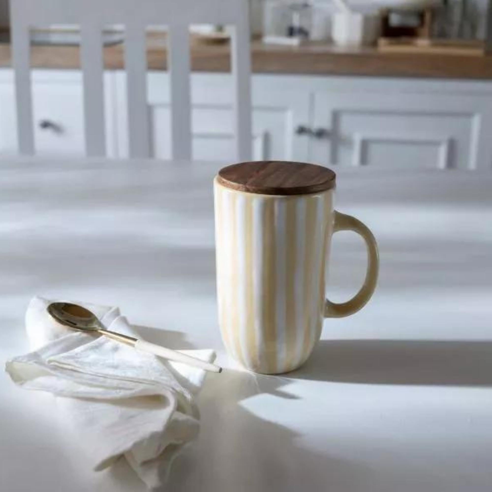 Ceramic Mug Tall Stripes Lemon With Wooden Lid, detail view, from the Inside Living Singapore homeware collection.